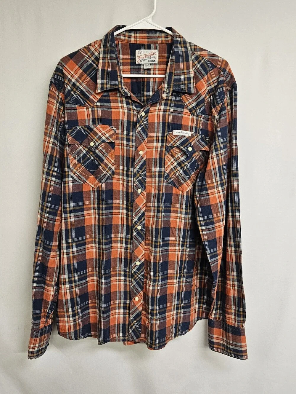 True Religion Long Sleeve Plaid Pearl Snap Western orange & navy blue plaid 3XL